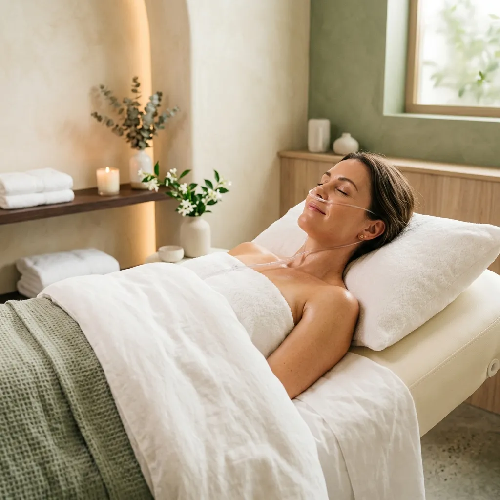 Woman relaxing during oxygen therapy treatment at Derma Vital